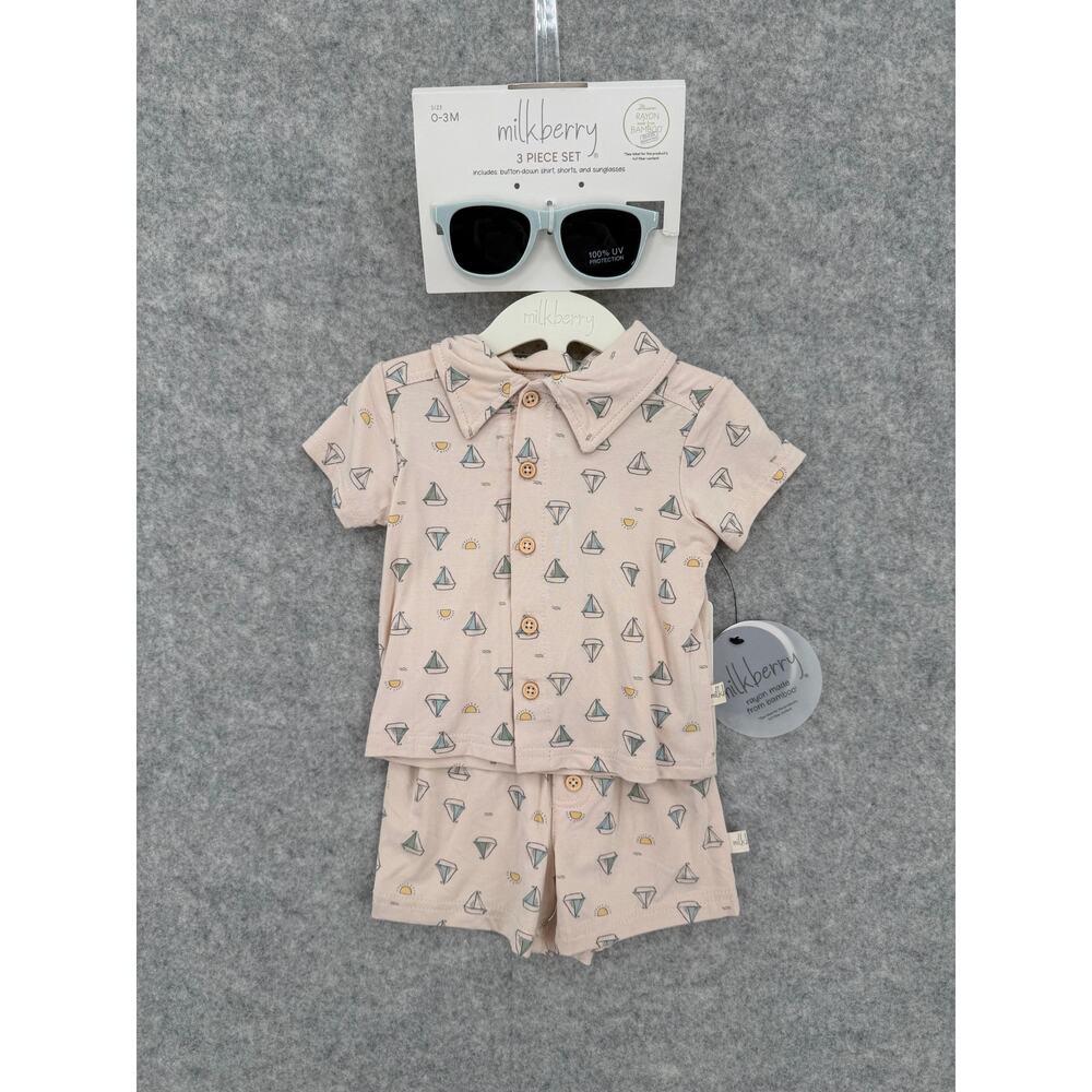 NWT Milkberry Sunny Sail Nautical Boat Shirt, Shorts & Sunglass Set Size 0-3M